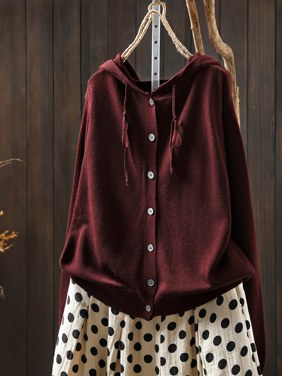 Women Autumn Casual Pure Color Hooded Knitted Blouse