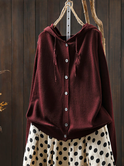 Women Autumn Casual Pure Color Hooded Knitted Blouse