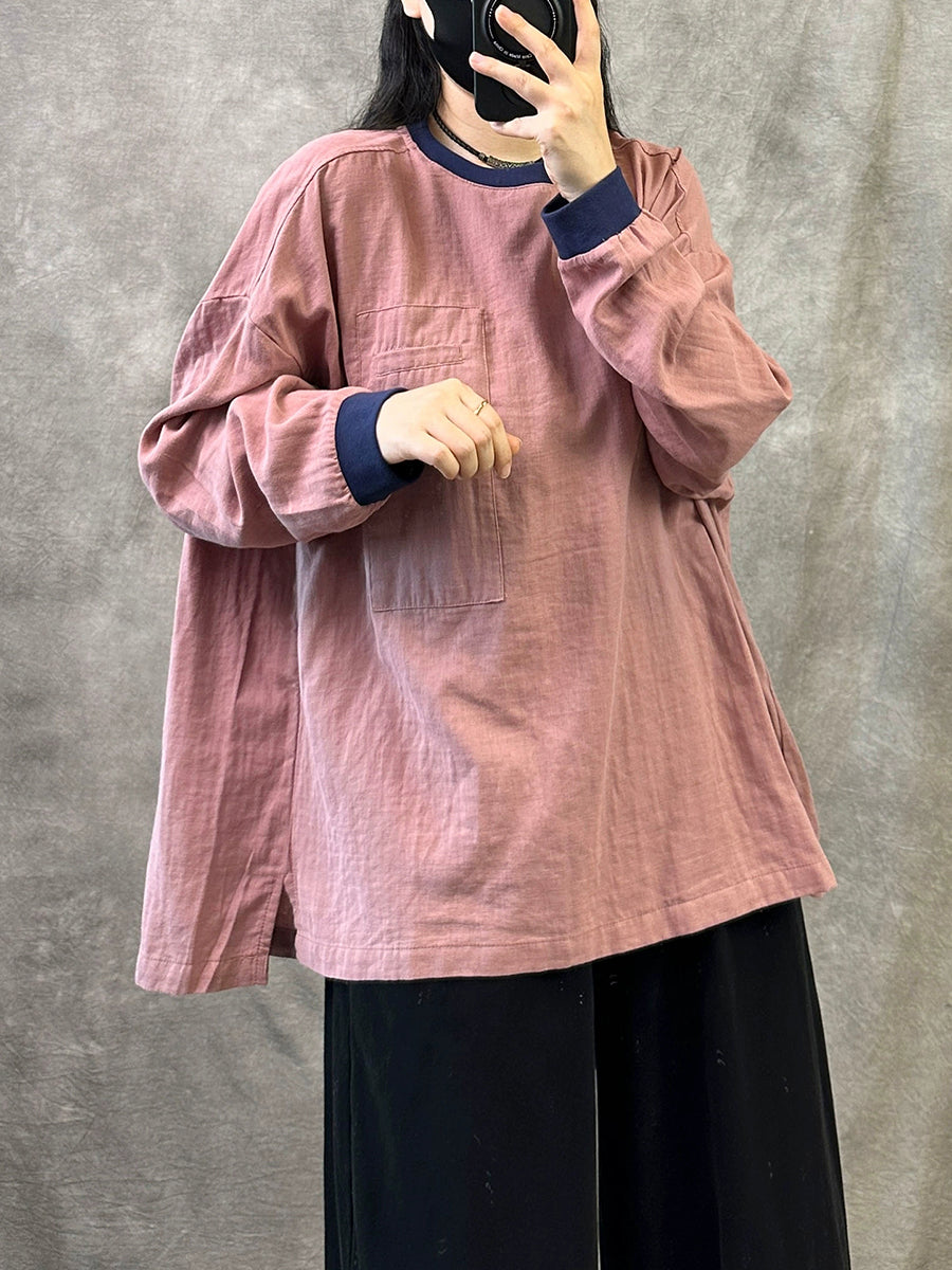 Women Autumn Casual Colorblock O-Neck Shirt