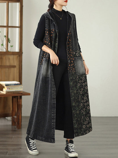 Women Vintage Denim Flower Spliced Hooded Vest Coat