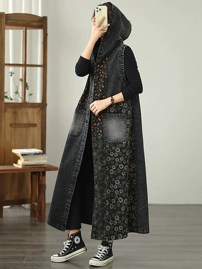 Women Vintage Denim Flower Spliced Hooded Vest Coat
