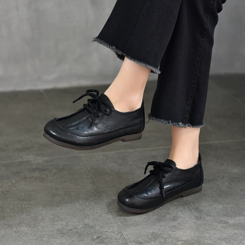 Women Vintage Genuine Leather Spliced Low Heel Shoes
