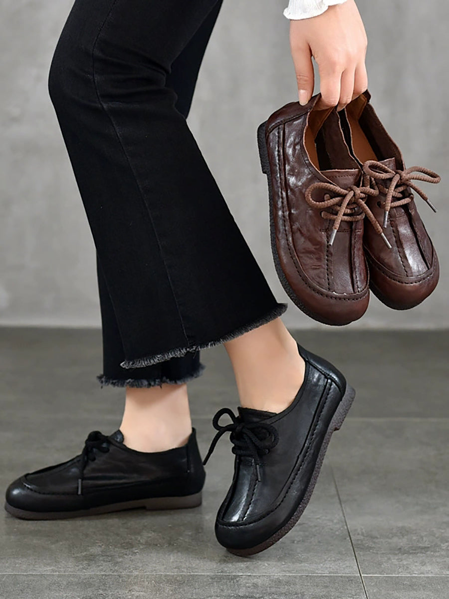 Women Vintage Genuine Leather Spliced Low Heel Shoes