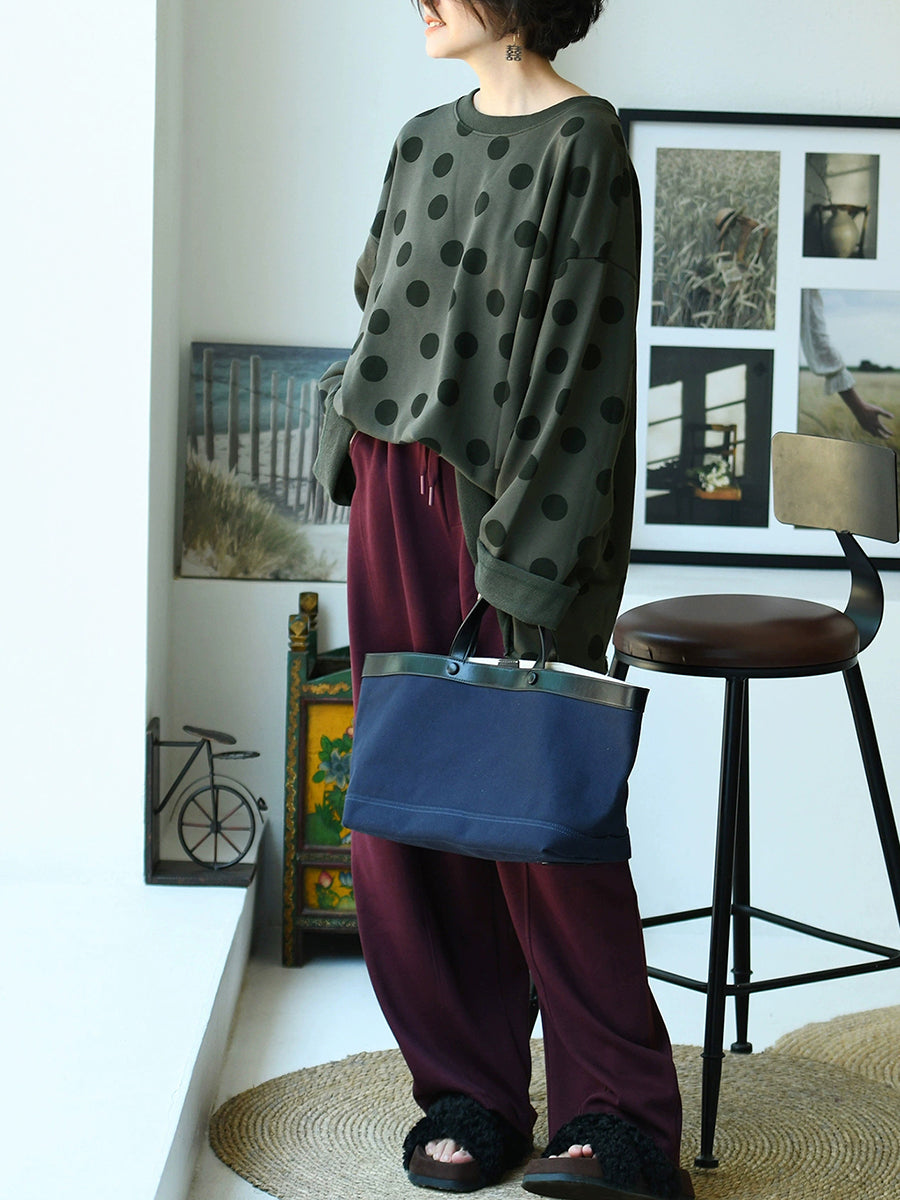 Plus Size Women Autumn Casual Dot Cotton O-Neck Shirt