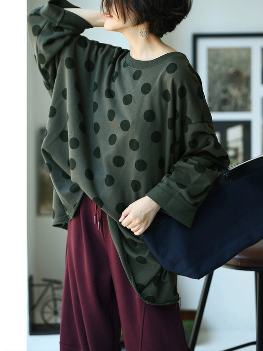 Plus Size Women Autumn Casual Dot Cotton O-Neck Shirt