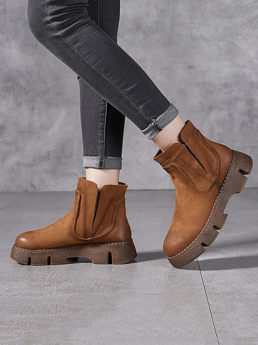 Women Vintage Autumn Genuine Leather Platform Ankle Boots