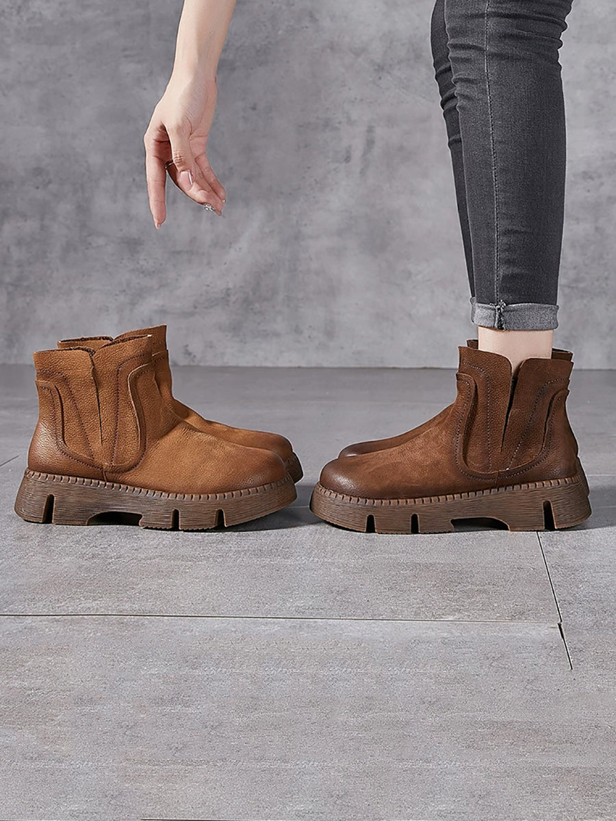 Women Vintage Autumn Genuine Leather Platform Ankle Boots