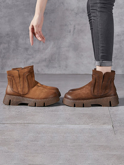 Women Vintage Autumn Genuine Leather Platform Ankle Boots