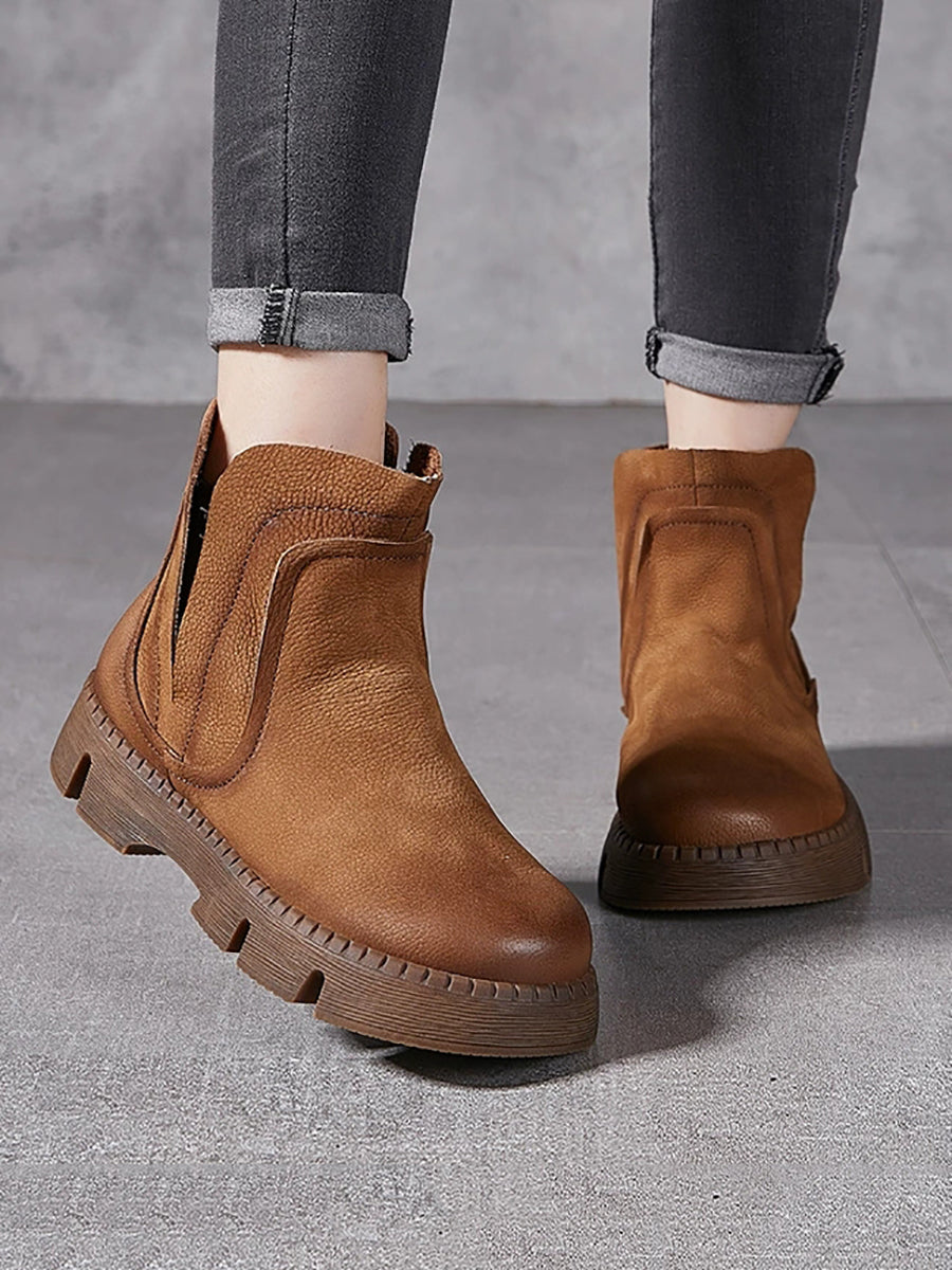 Women Vintage Autumn Genuine Leather Platform Ankle Boots