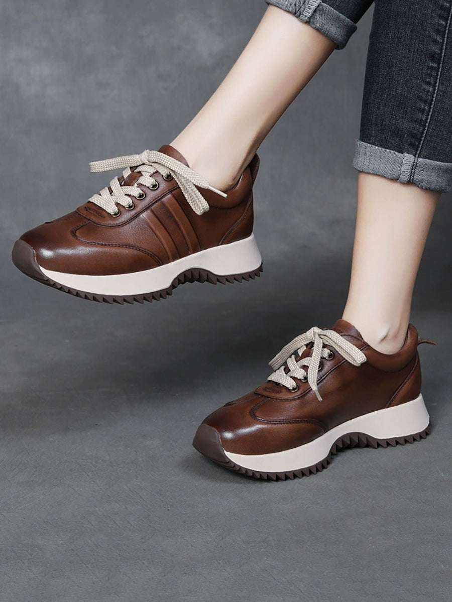 Women Autumn Casual Pure Color Leather Sport Shoes