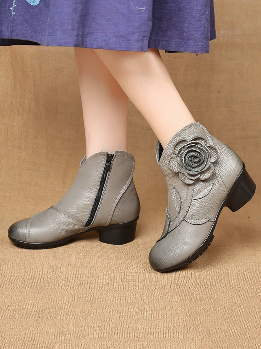 Women Autumn Artsy Flower Leather Spliced Mid Heel Boots