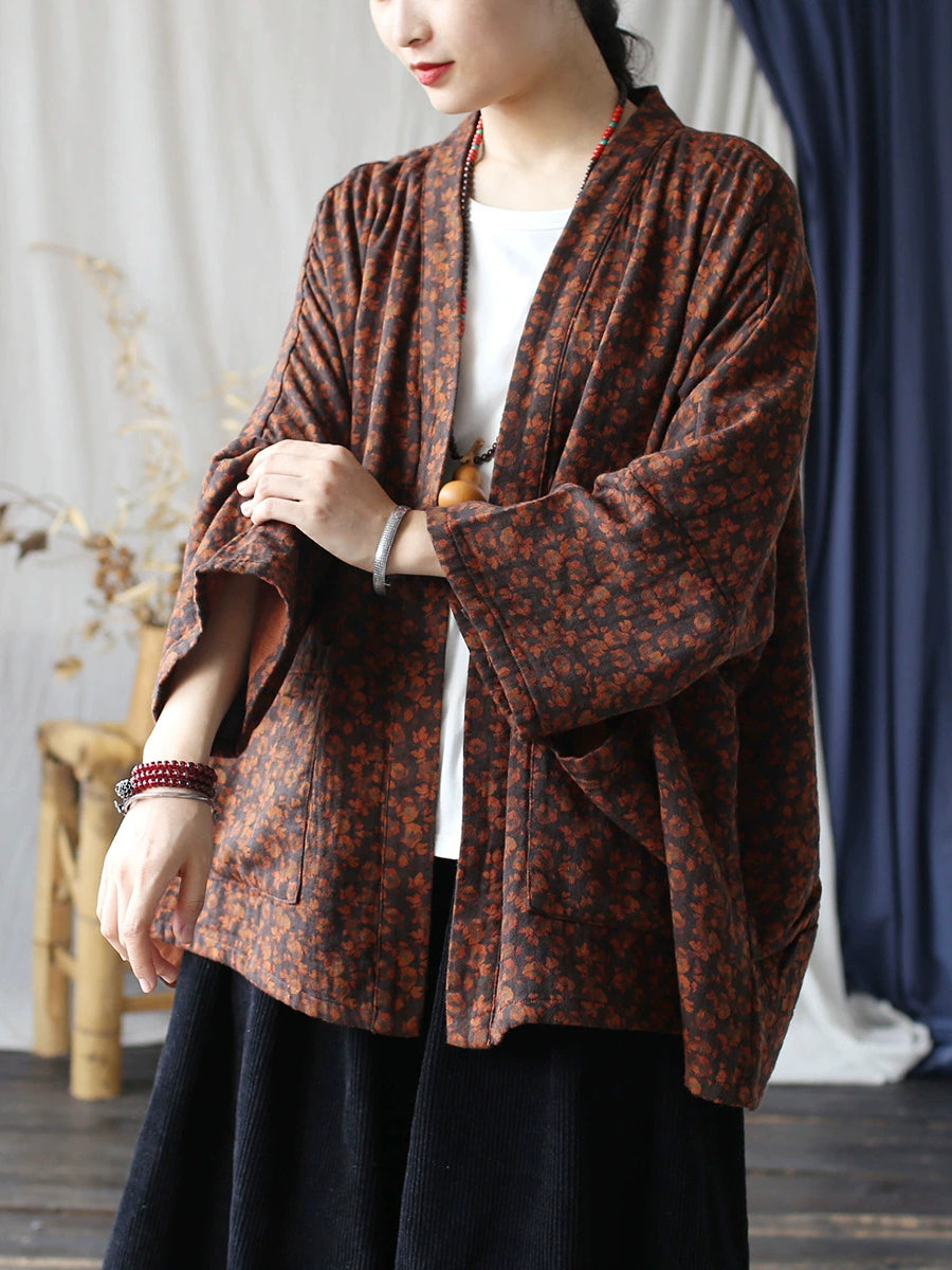 Women Autumn Retro Flower Cotton V-Neck Shirt