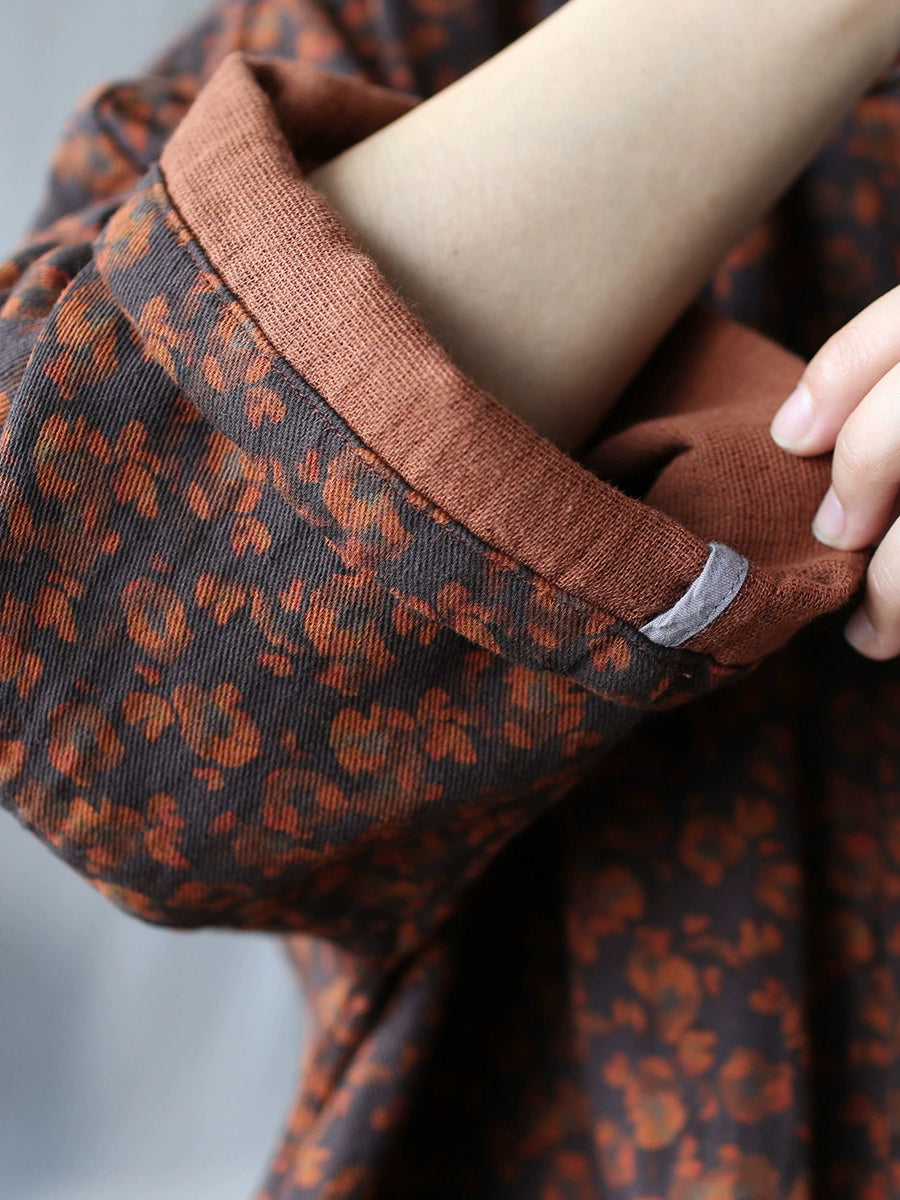 Women Autumn Retro Flower Cotton V-Neck Shirt