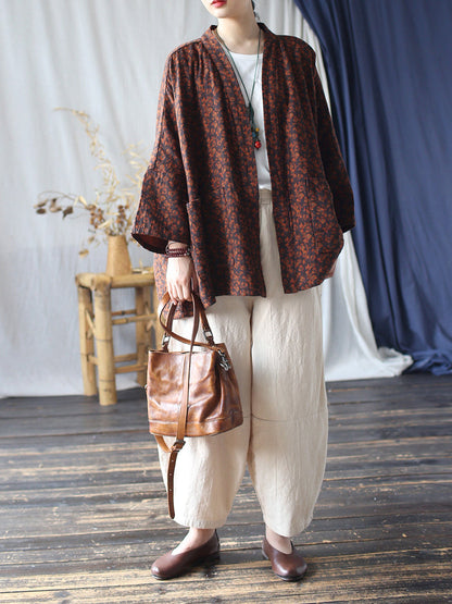 Women Autumn Retro Flower Cotton V-Neck Shirt