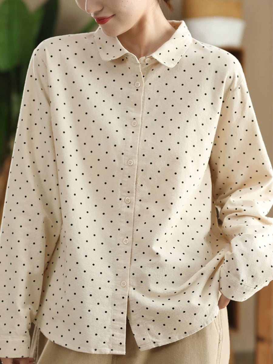 Women Autumn Dot 100%Cotton Turn-down Collar Shirt
