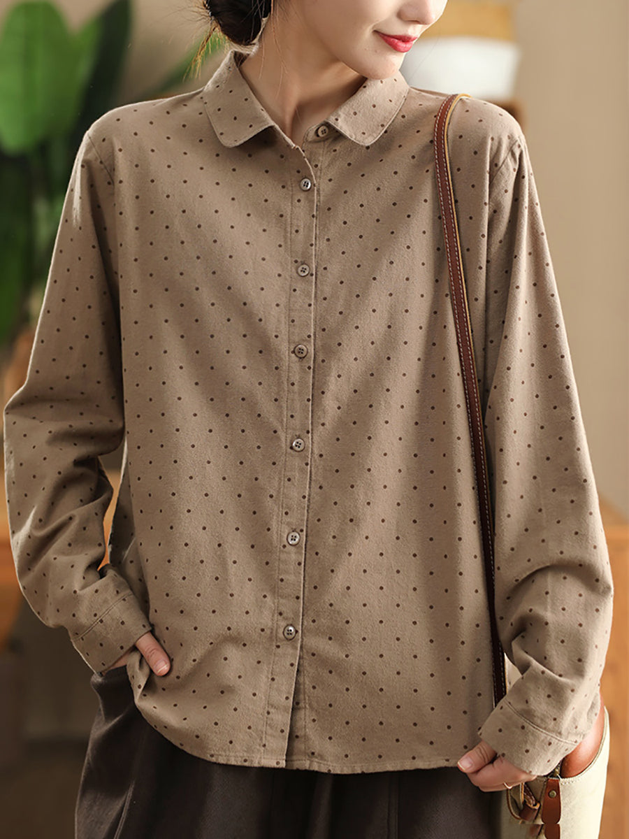 Women Autumn Dot 100%Cotton Turn-down Collar Shirt