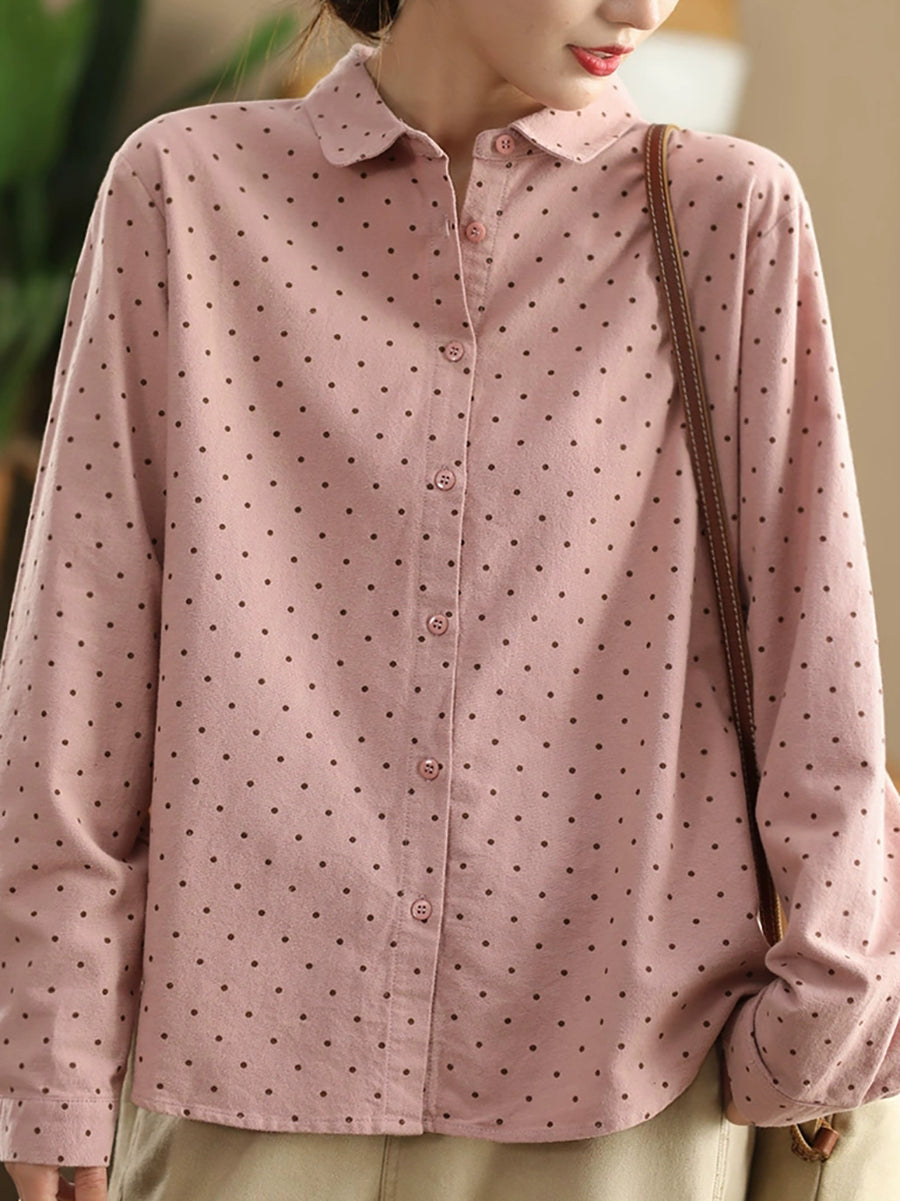 Women Autumn Dot 100%Cotton Turn-down Collar Shirt