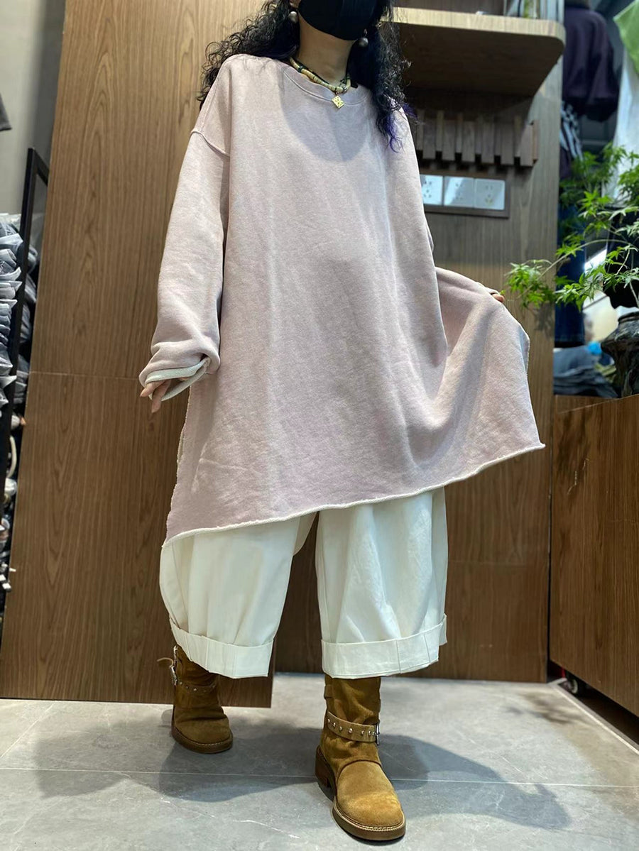 Women Autumn Casual Pure Color 100%Cotton O-Neck Shirt