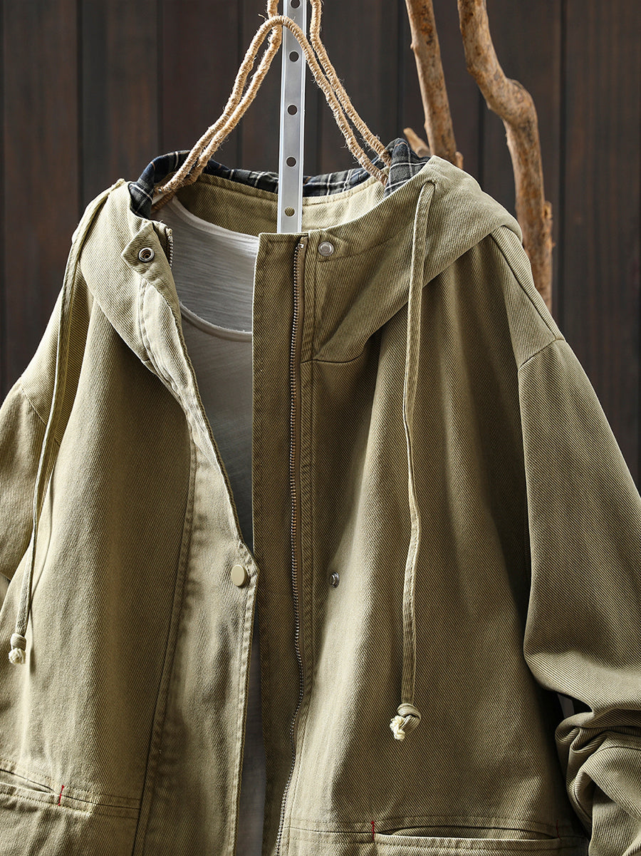 Plus Size Women Autumn Plaid Spliced Hooded Cotton Cardigan Coat