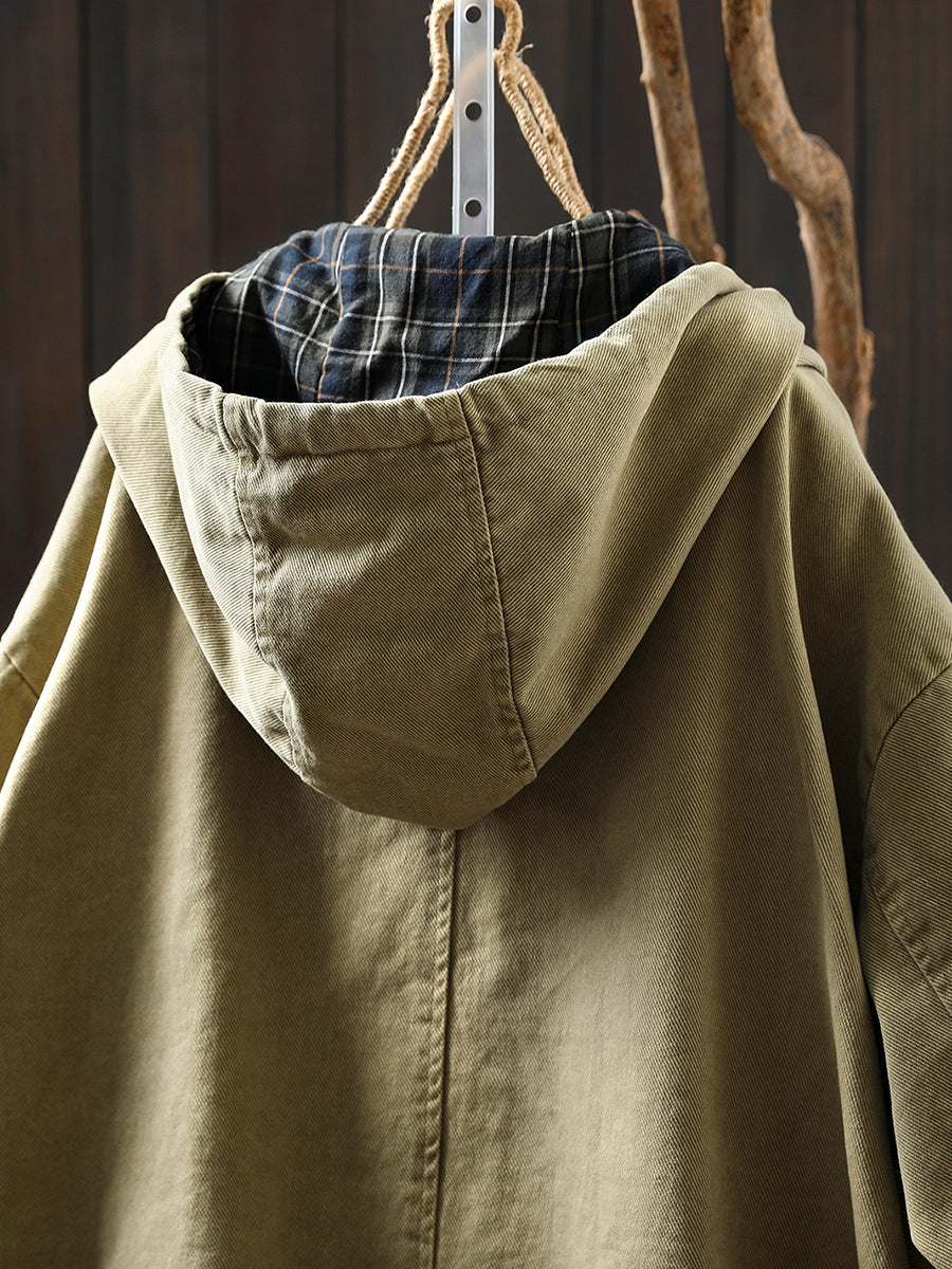 Plus Size Women Autumn Plaid Spliced Hooded Cotton Cardigan Coat