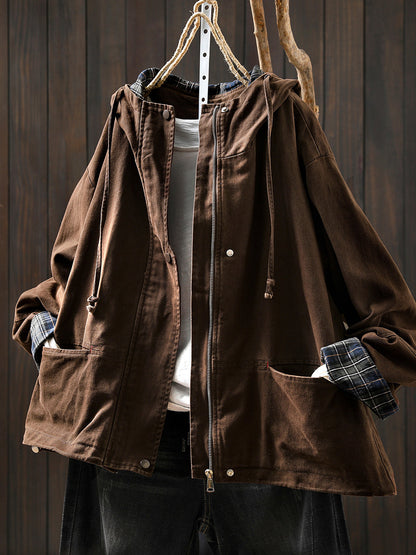 Plus Size Women Autumn Plaid Spliced Hooded Cotton Cardigan Coat