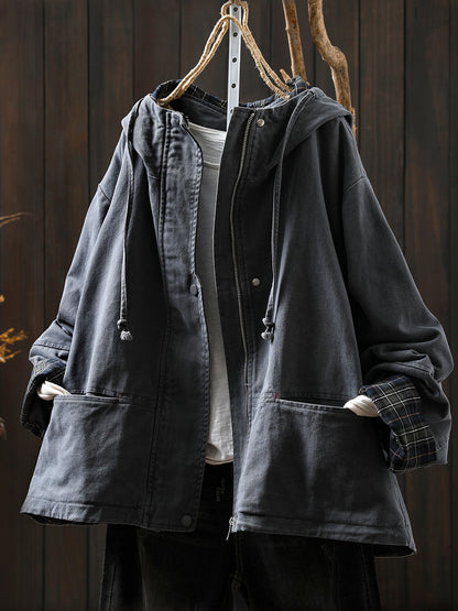 Plus Size Women Autumn Plaid Spliced Hooded Cotton Cardigan Coat