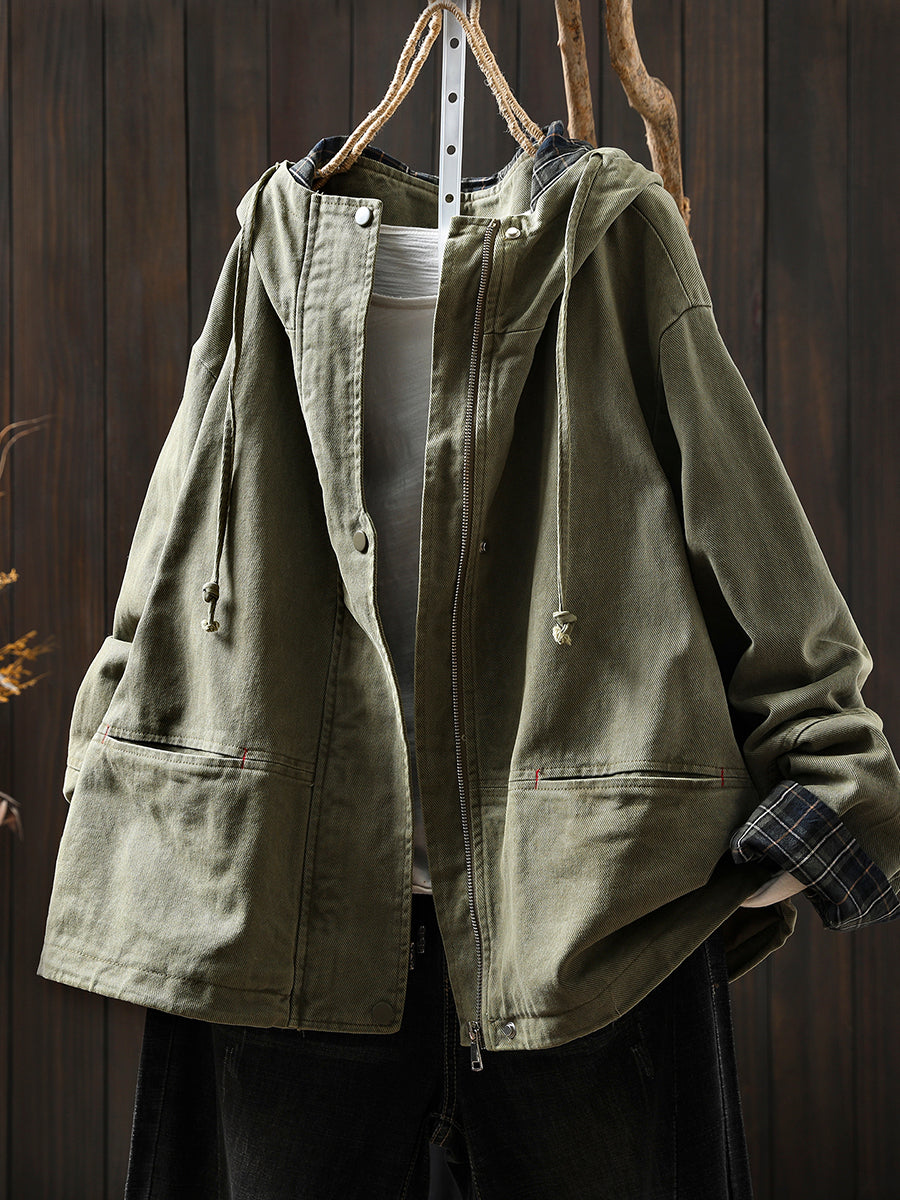 Plus Size Women Autumn Plaid Spliced Hooded Cotton Cardigan Coat