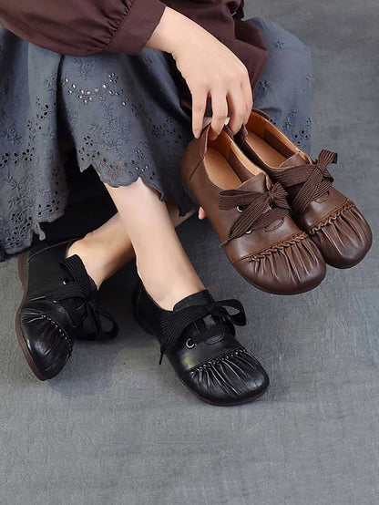 Women Casual Leather Spliced Strap Low Heel Shoes