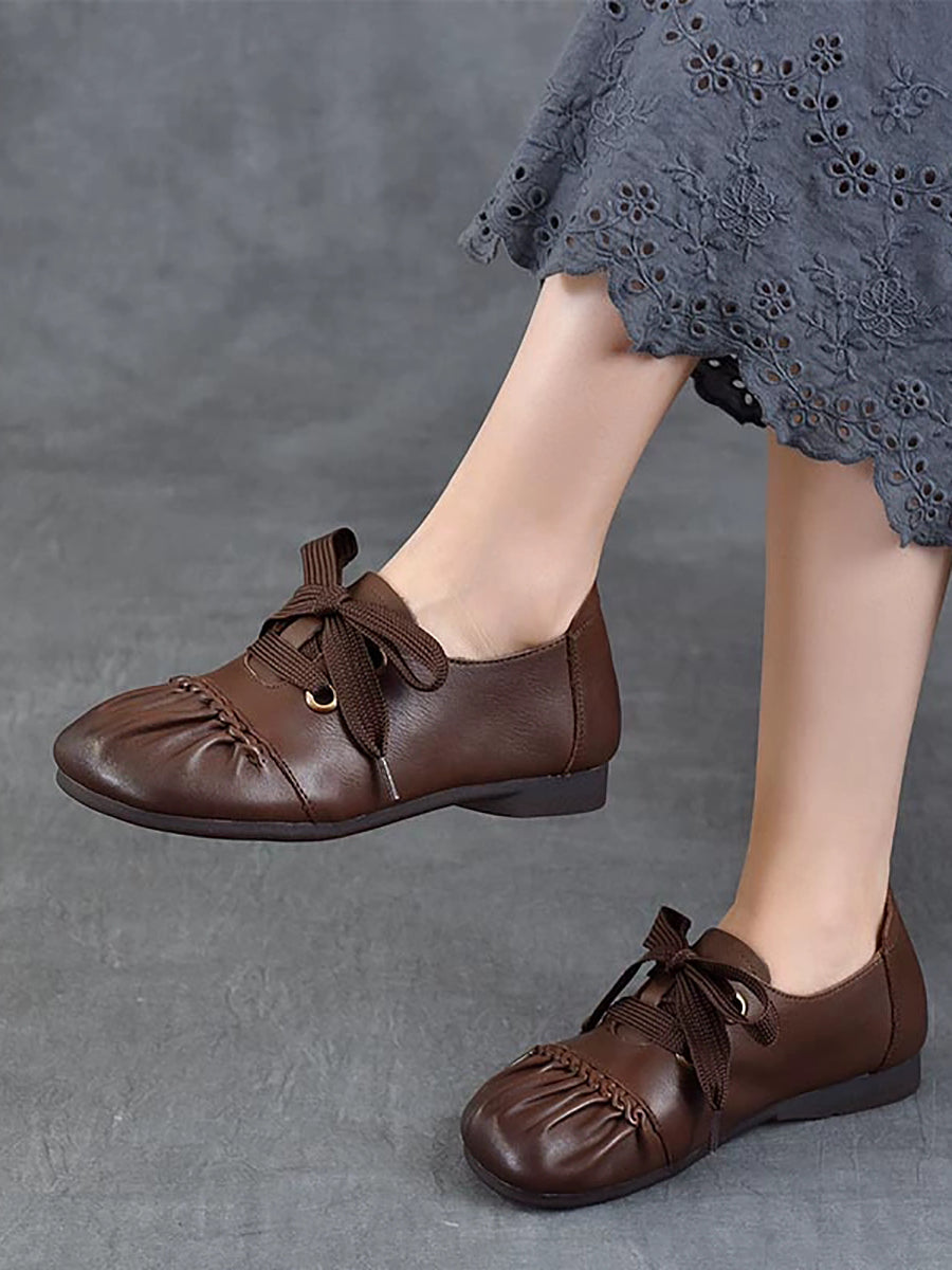 Women Casual Leather Spliced Strap Low Heel Shoes