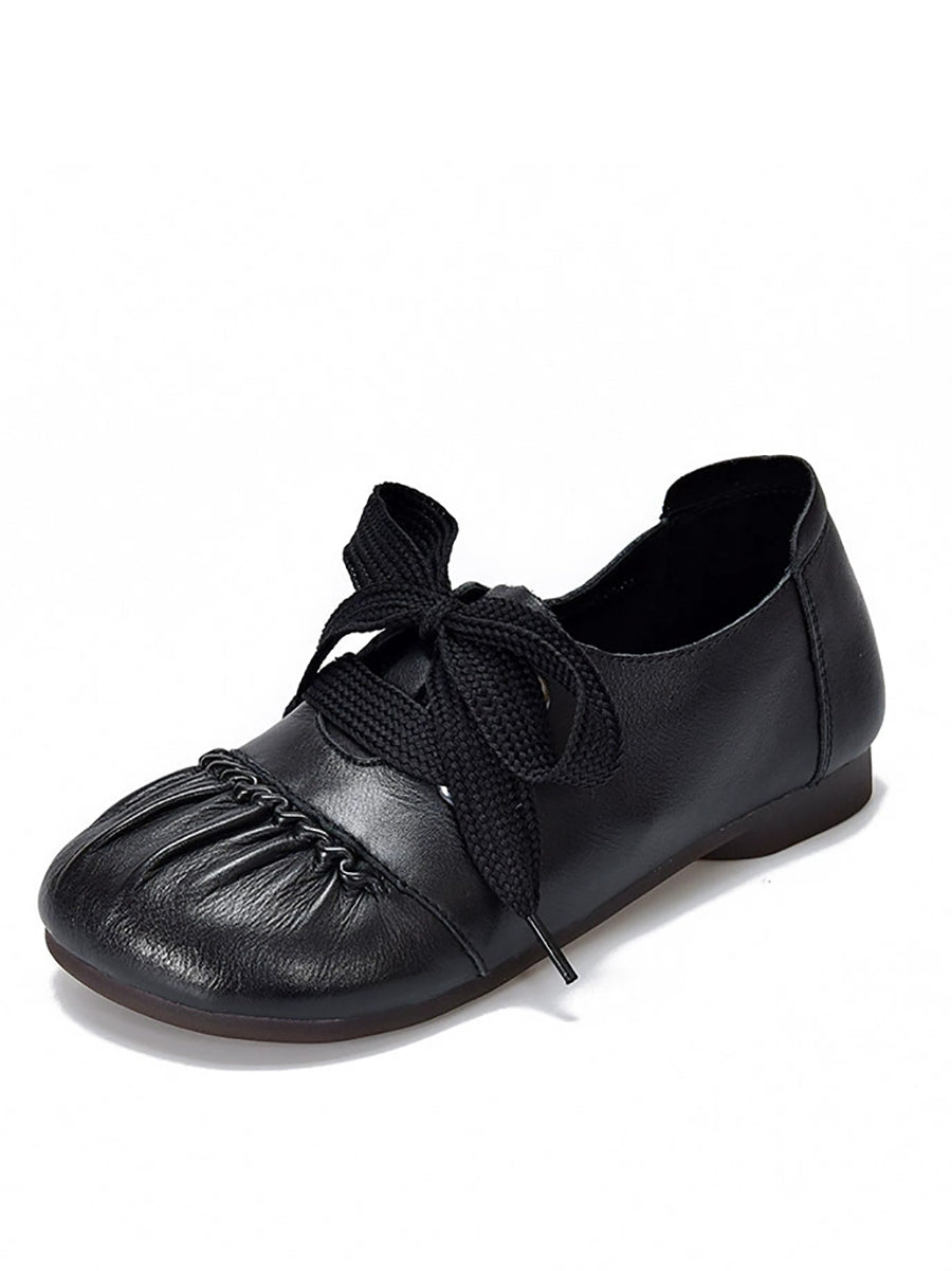 Women Casual Leather Spliced Strap Low Heel Shoes