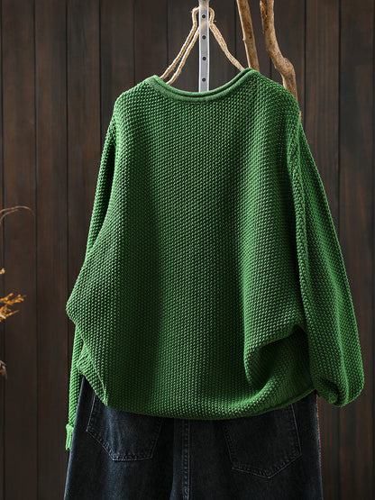 Women Autumn Pure Color O-Neck Cotton Knitted Shirt