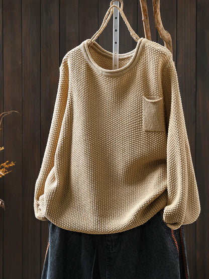 Women Autumn Pure Color O-Neck Cotton Knitted Shirt