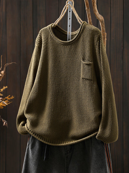 Women Autumn Pure Color O-Neck Cotton Knitted Shirt