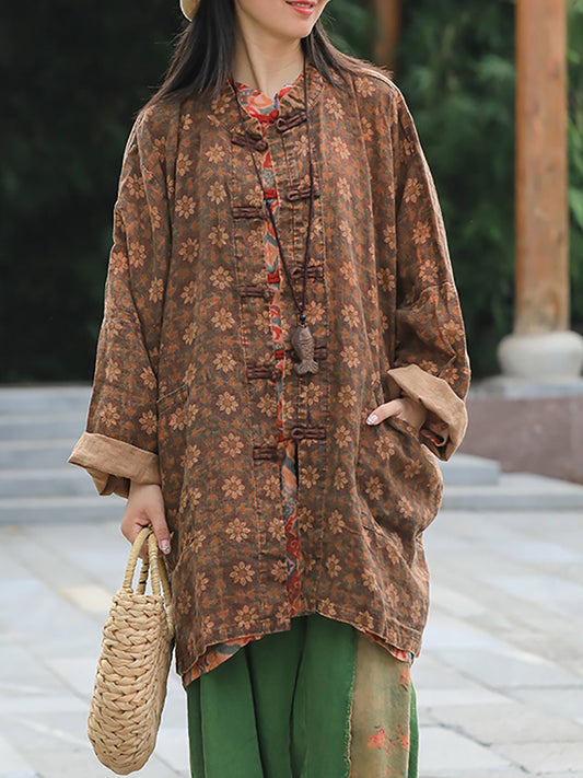 Women Autumn Retro Flower Linen Stand Collar Coat