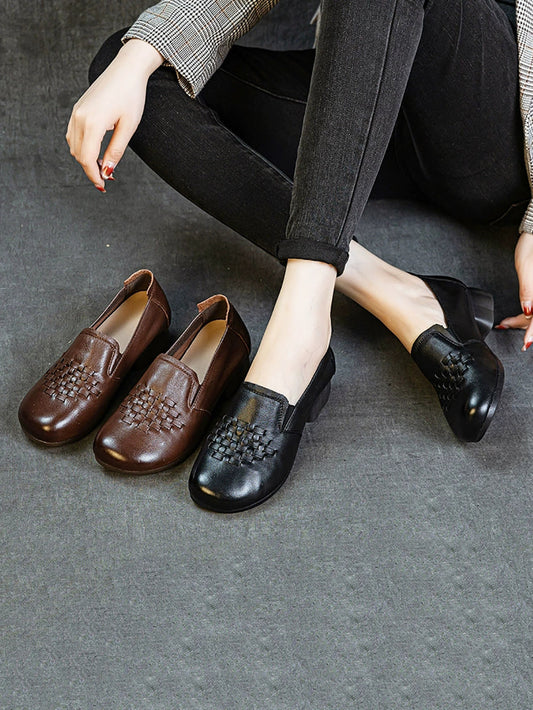 Women Retro Genuine Leather Weave Mid Heel Shoes