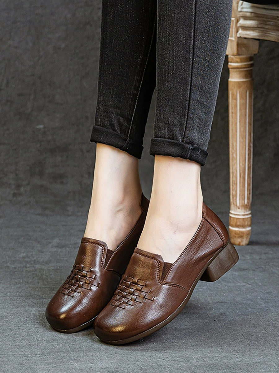 Women Retro Genuine Leather Weave Mid Heel Shoes