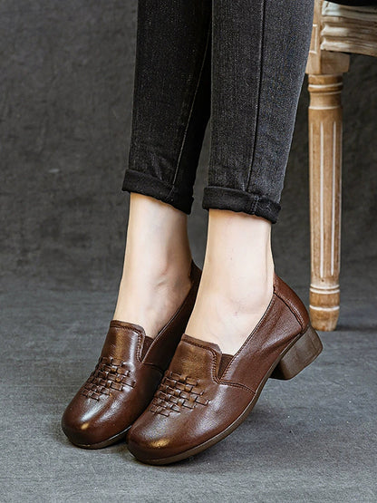 Women Retro Genuine Leather Weave Mid Heel Shoes
