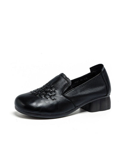 Women Retro Genuine Leather Weave Mid Heel Shoes