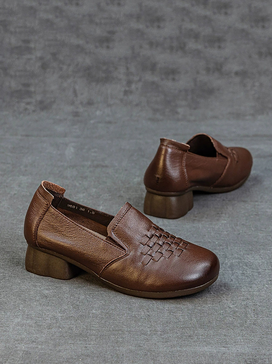 Women Retro Genuine Leather Weave Mid Heel Shoes