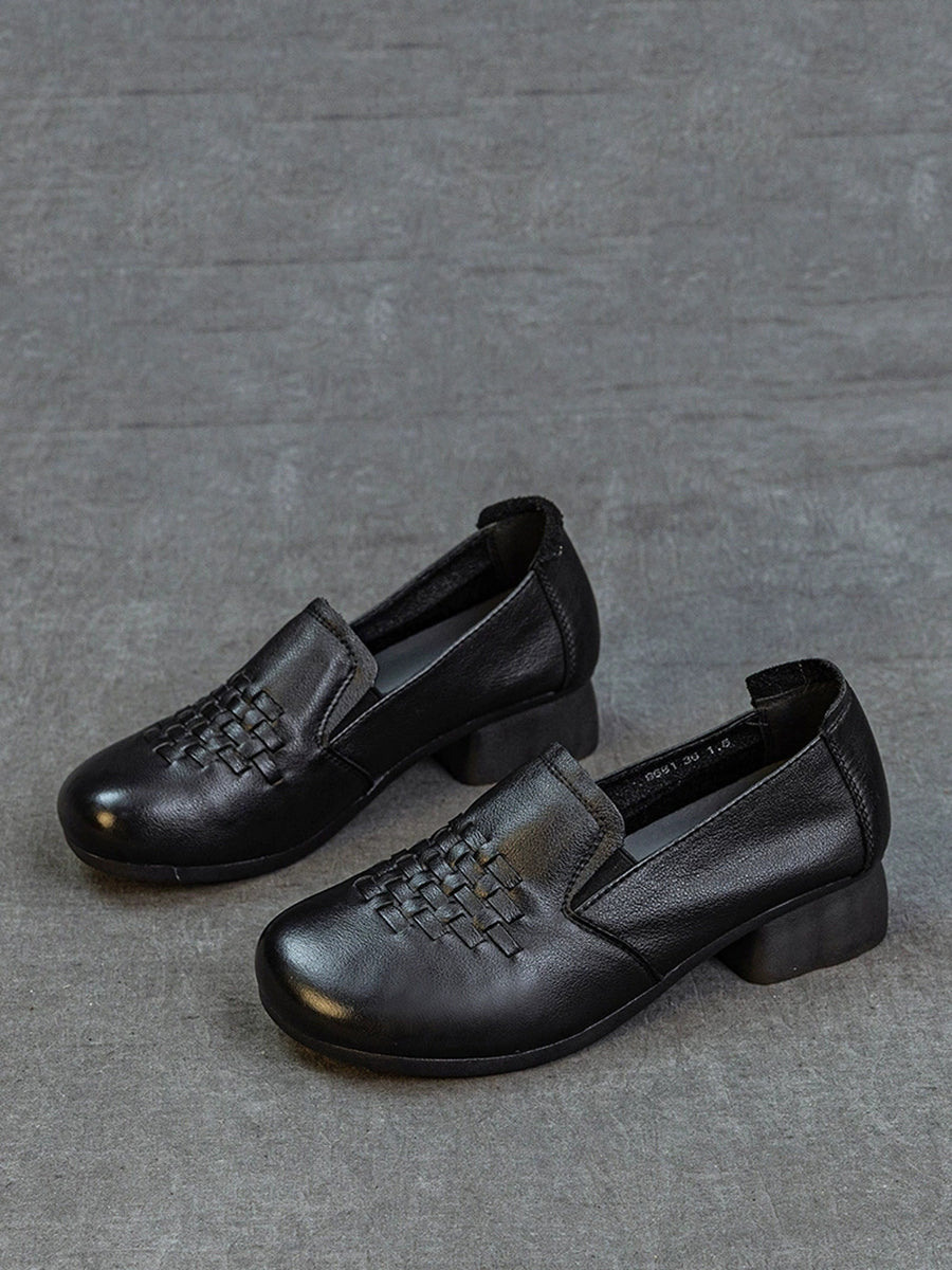 Women Retro Genuine Leather Weave Mid Heel Shoes