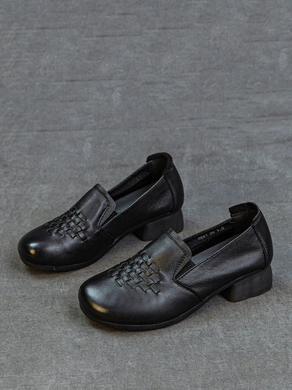 Women Retro Genuine Leather Weave Mid Heel Shoes
