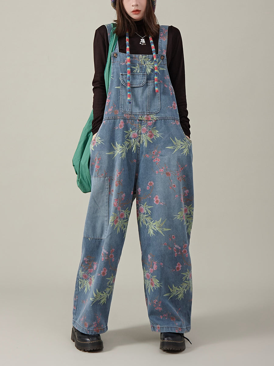 Women Autumn Artsy Flower Denim Jumpsuits