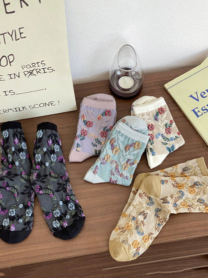 5 Pairs Women Artsy Flower Jacquard Socks