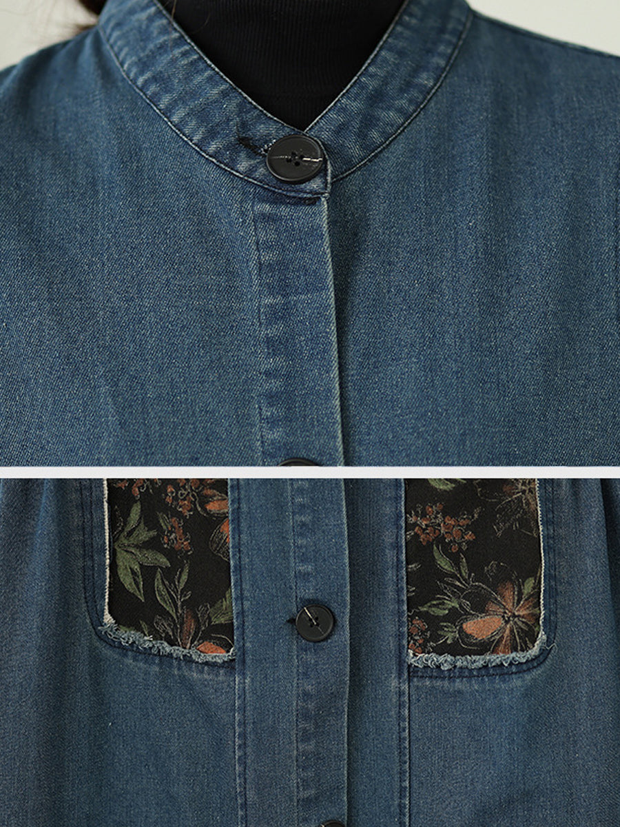 Women Vintage Denim Patchwork Stand Collar Long Vest Coat