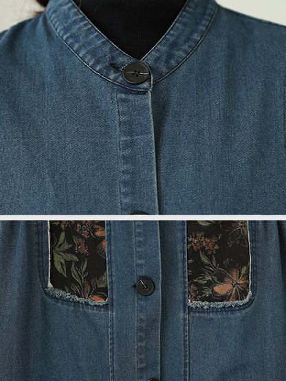 Women Vintage Denim Patchwork Stand Collar Long Vest Coat