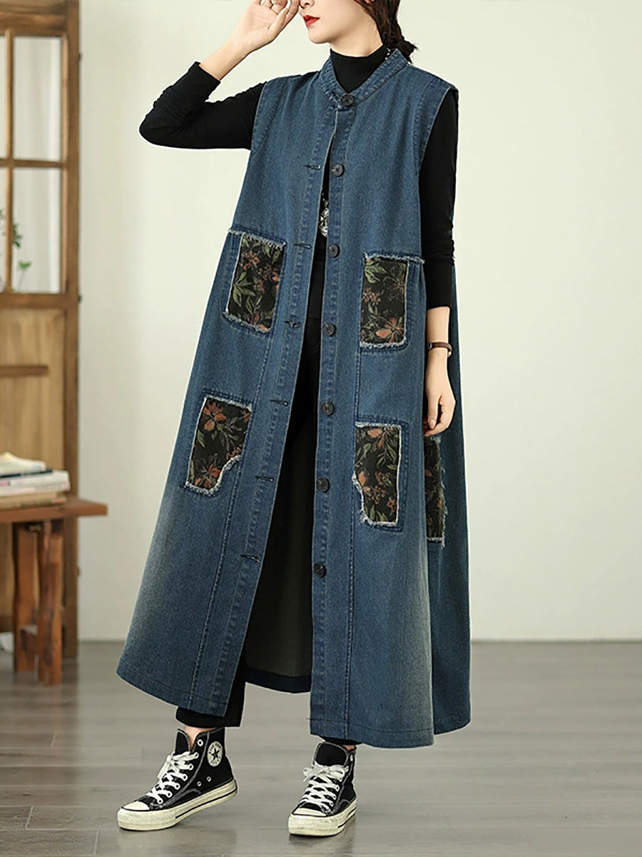 Women Vintage Denim Patchwork Stand Collar Long Vest Coat