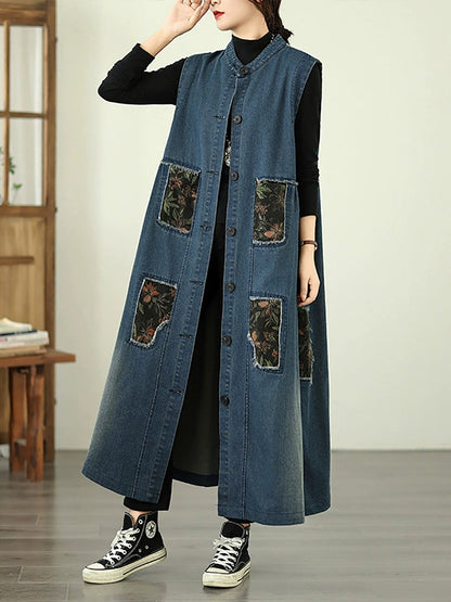 Women Vintage Denim Patchwork Stand Collar Long Vest Coat