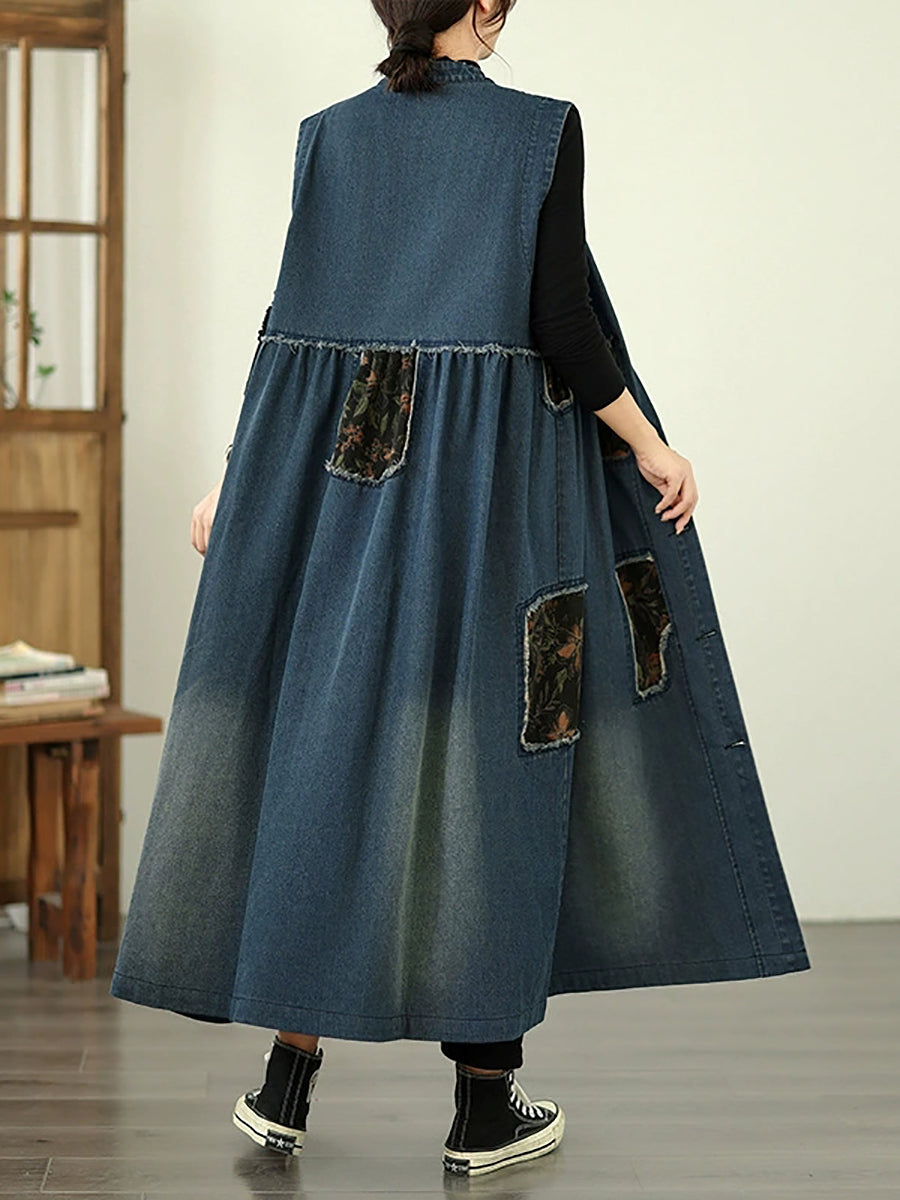 Women Vintage Denim Patchwork Stand Collar Long Vest Coat