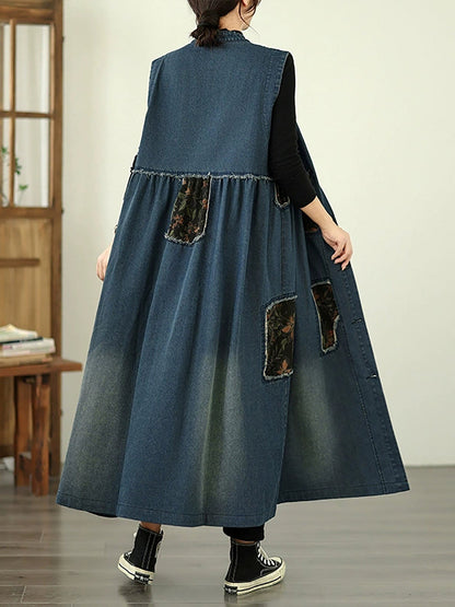 Women Vintage Denim Patchwork Stand Collar Long Vest Coat