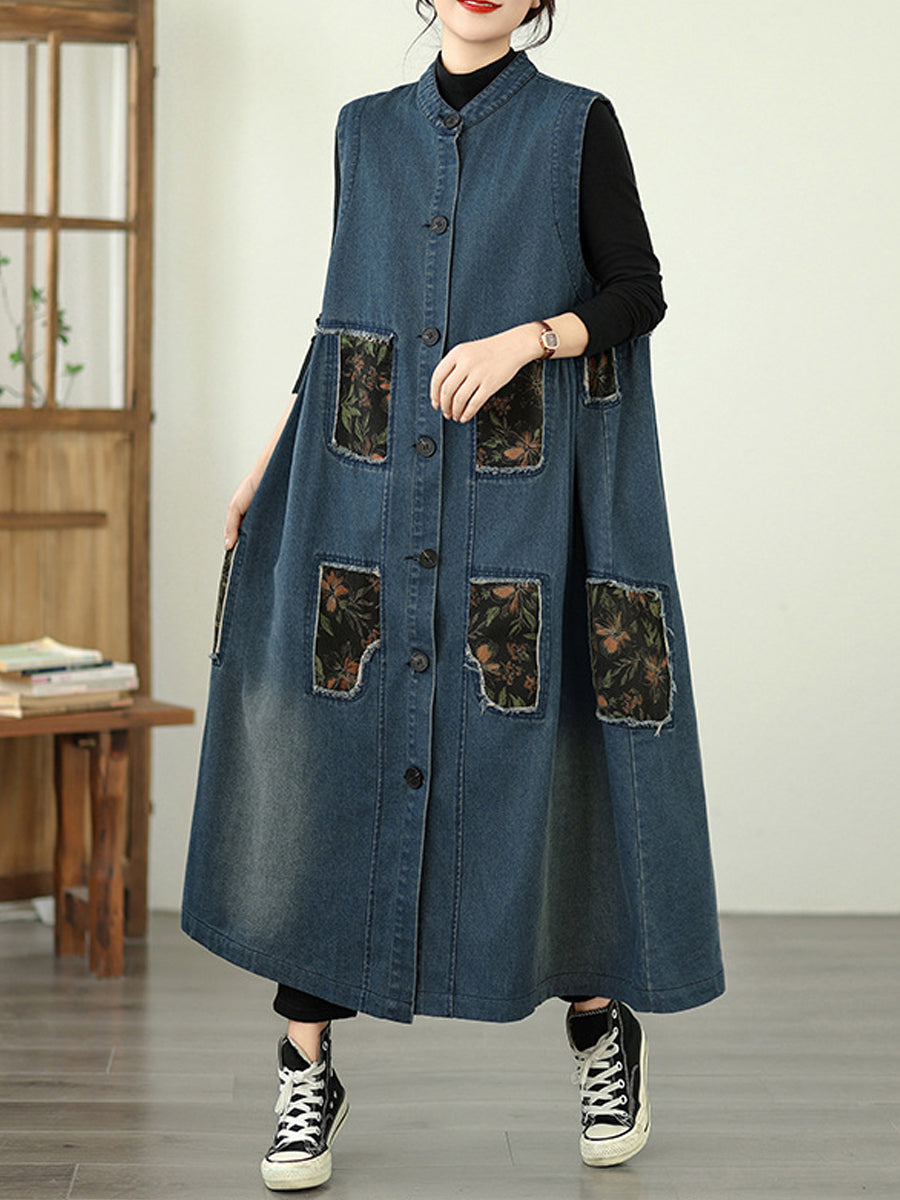 Women Vintage Denim Patchwork Stand Collar Long Vest Coat